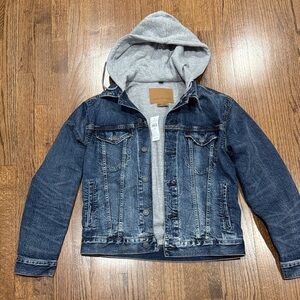 American Eagle Outfitters Blue Denim Jacket with Gray Hood